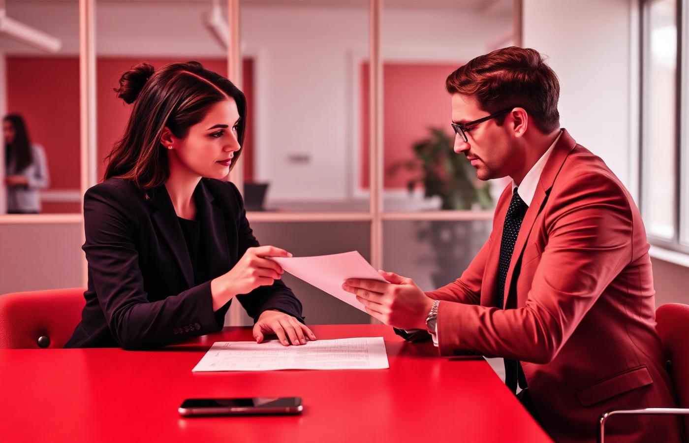 Two professionals reviewing a compliance framework document together across a table