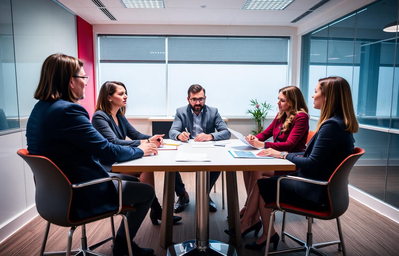 Small group of compliance professionals discussing an AML scenario around a meeting table